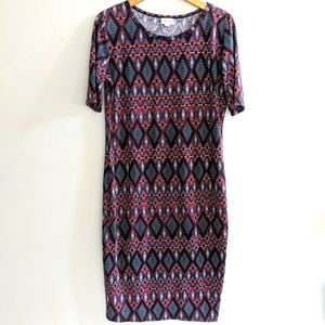 🌼LuLaRoe Geometrical Pattern Julia Dress in Black, Maroon, Teal, Size Large
